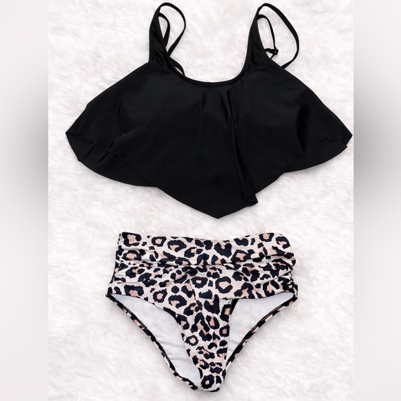 SHEIN Other - SHEIN Black Ruffle Top Leopard High Waisted Bikini Set Small